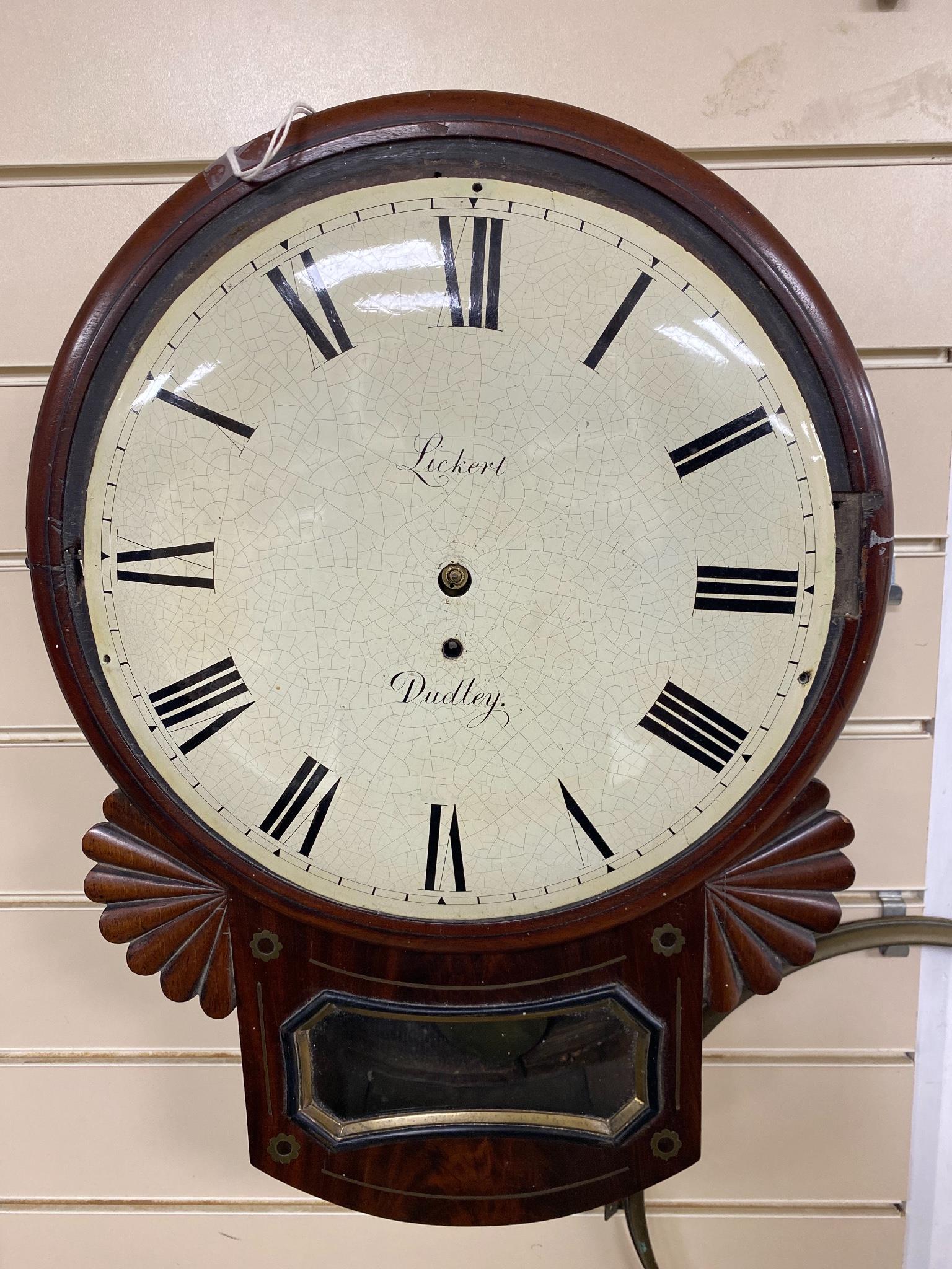 An early 19th century mahogany drop-dial wall clock, signed Sickert, Dudley (P), length 52cm